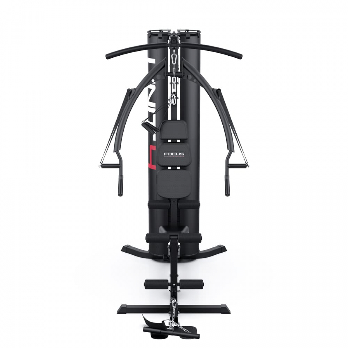 Équipement de gym noir, comprend diverses stations d'exercice sur fond blanc.