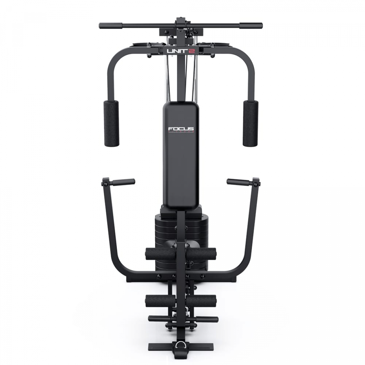 Zwarte home gym machine met handgrepen en gewichten.