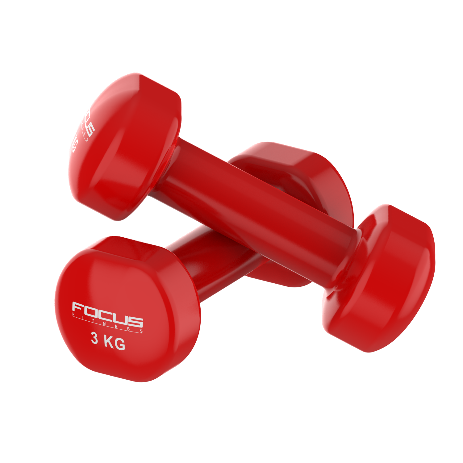 Two red dumbbells. White background.  Focus Fitness logo visible.