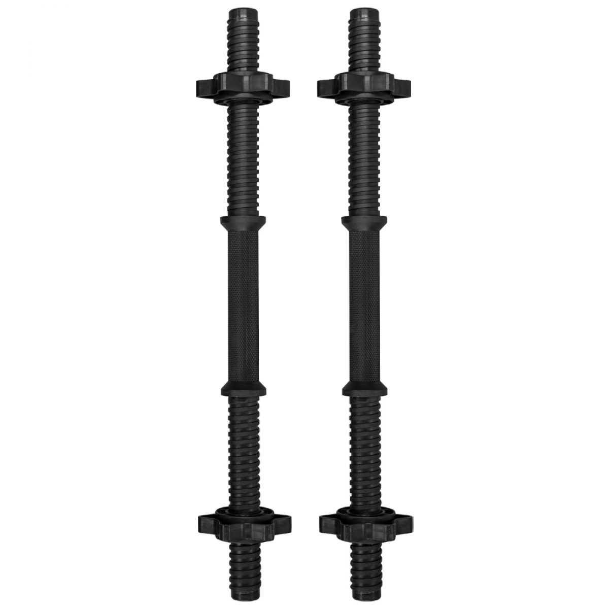 Two black dumbbell bars. The bars are cylindrical, with textured handles and screw-on weight plates.