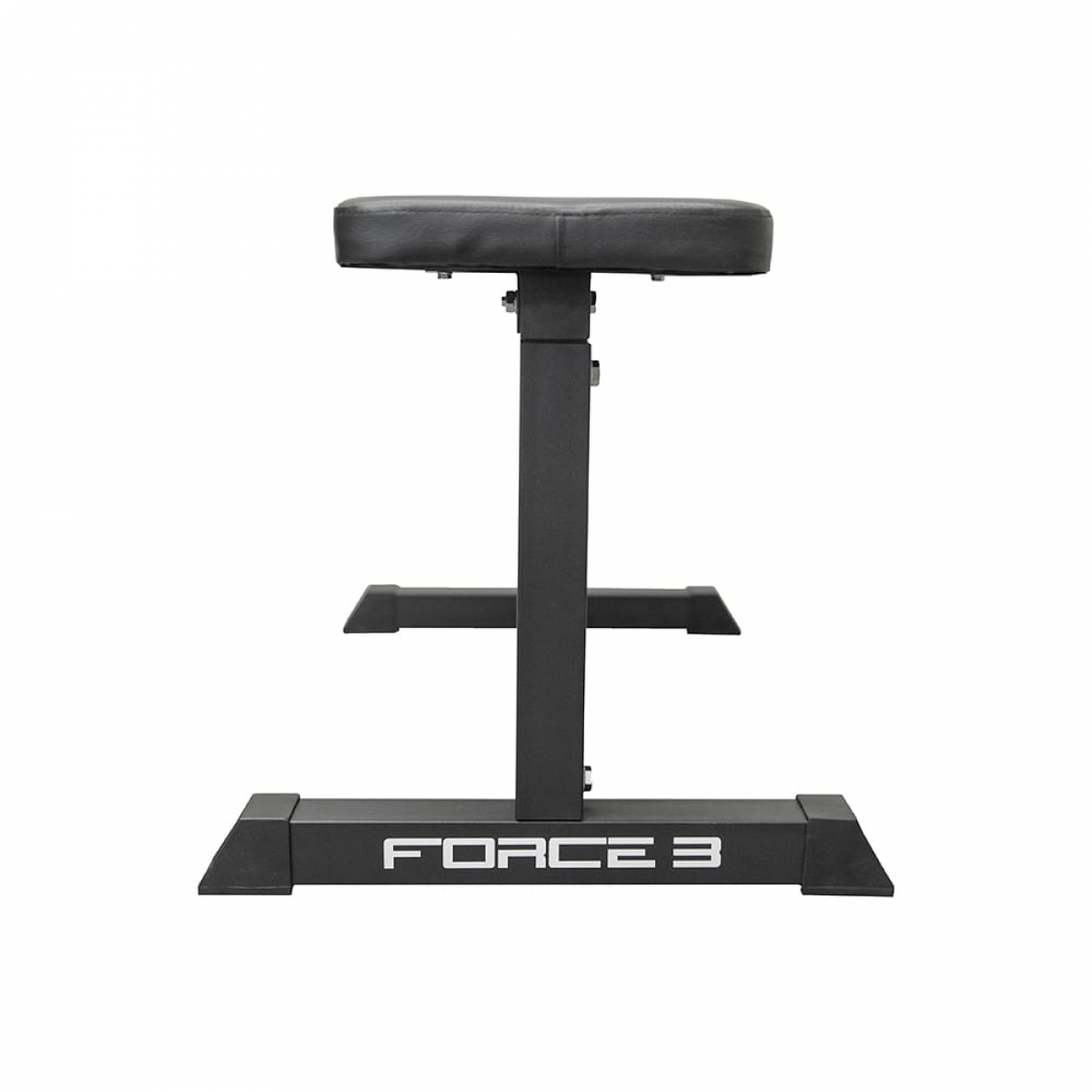 Black weight bench with FORCE 3 logo on a white background. The bench is isolated.