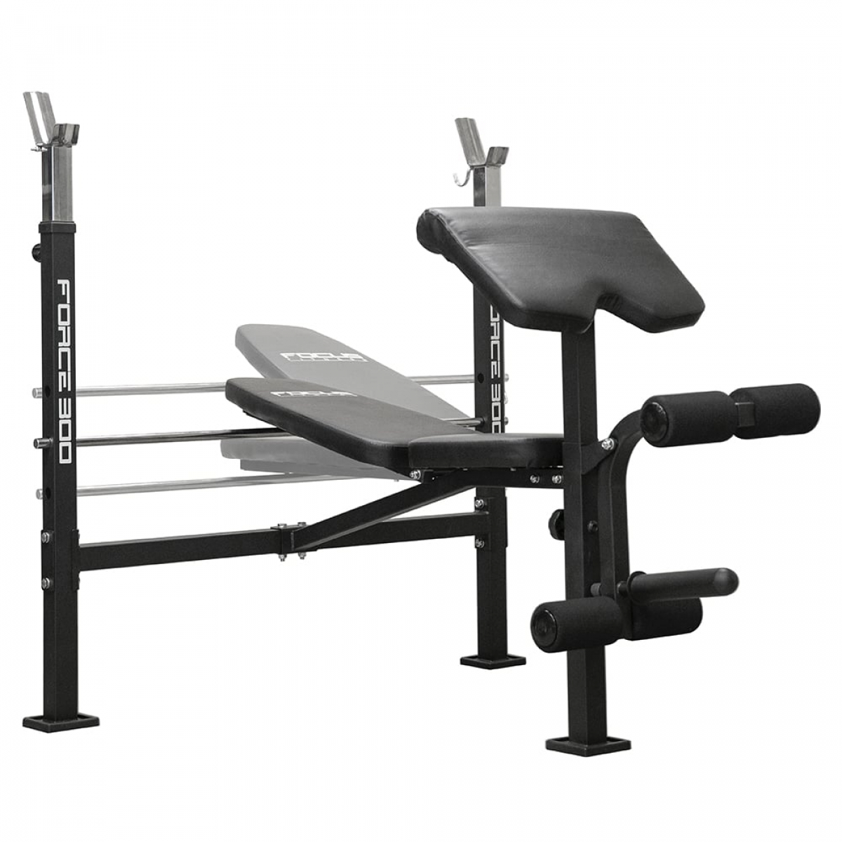 Banc de musculation noir avec rack à haltères et extension de jambe.