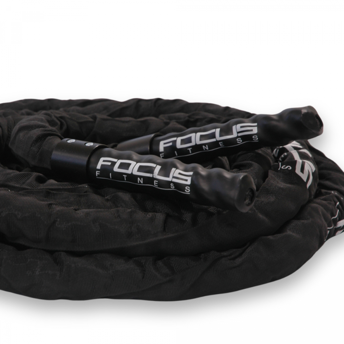 Black Focus Fitness battle rope. Black handles. White background.