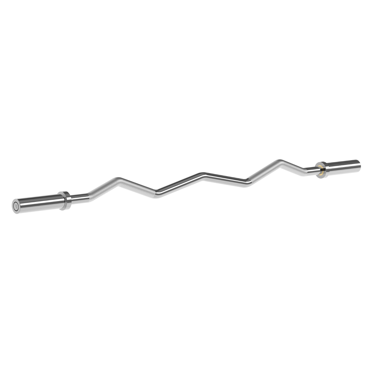 A silver, zig-zag shaped weightlifting bar, with knurling in the bend and at each end.