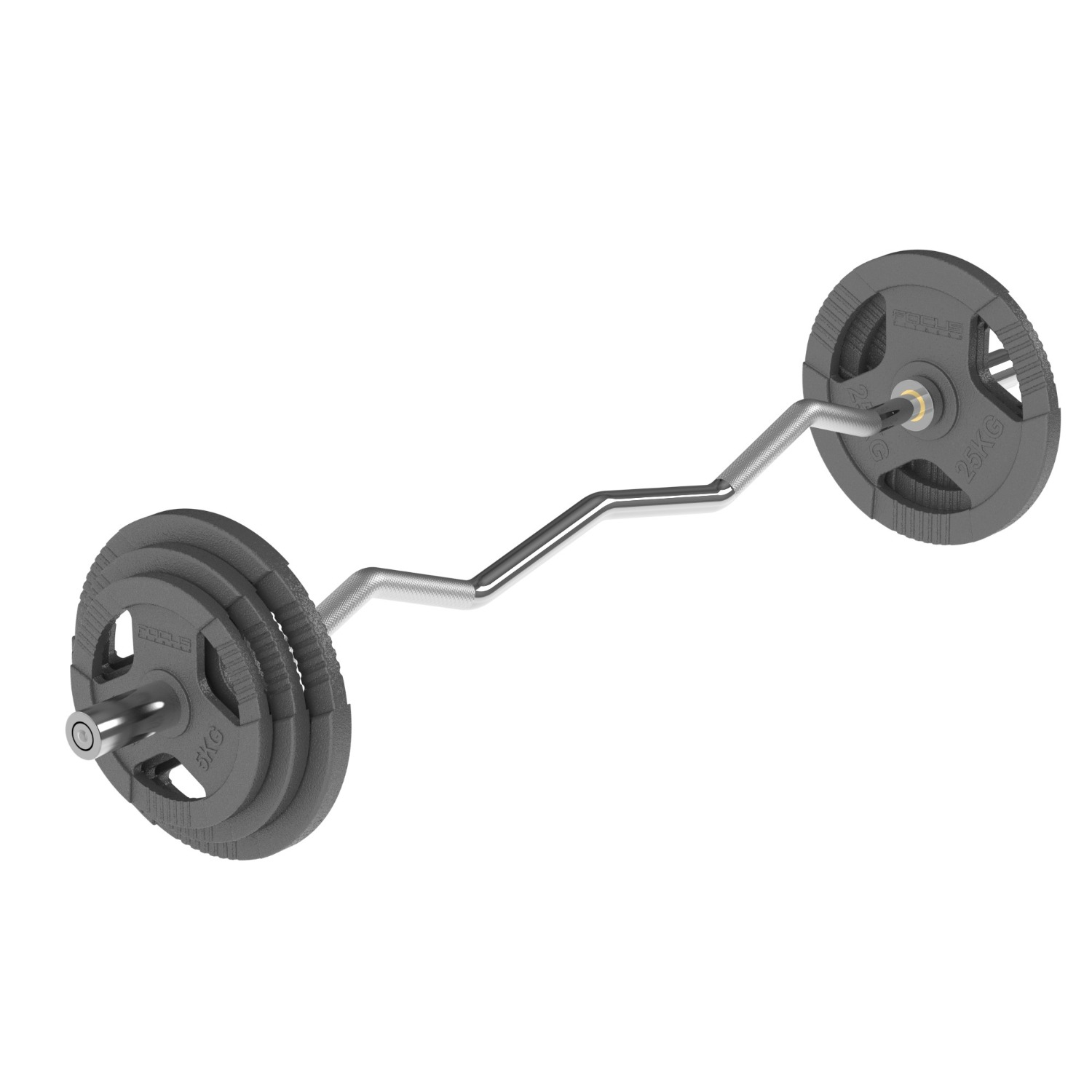 Gray barbell with gray weights on both ends.