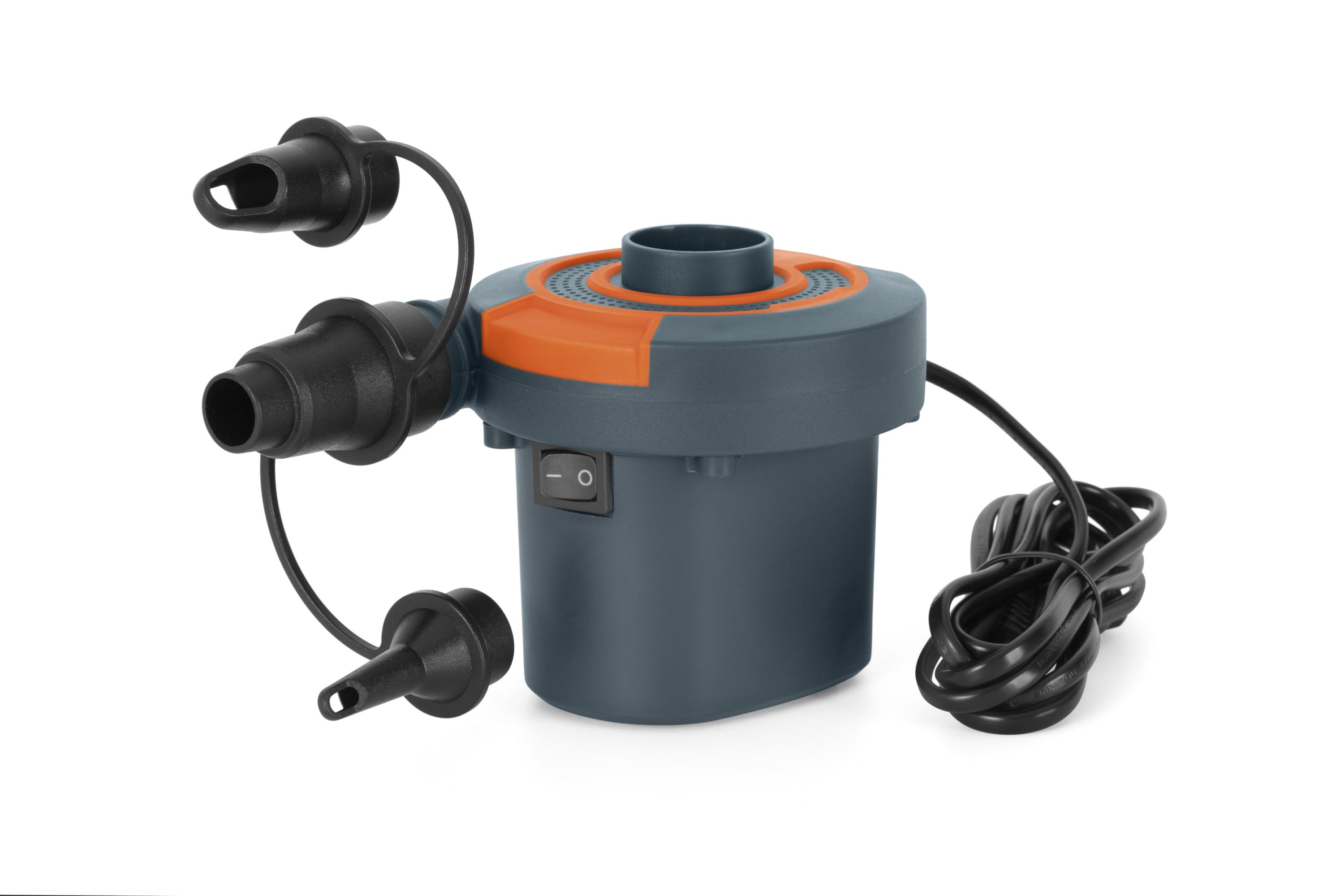 Pompa ad aria elettrica con tre ugelli neri e cavo di alimentazione nero. Schema colori arancione e grigio.