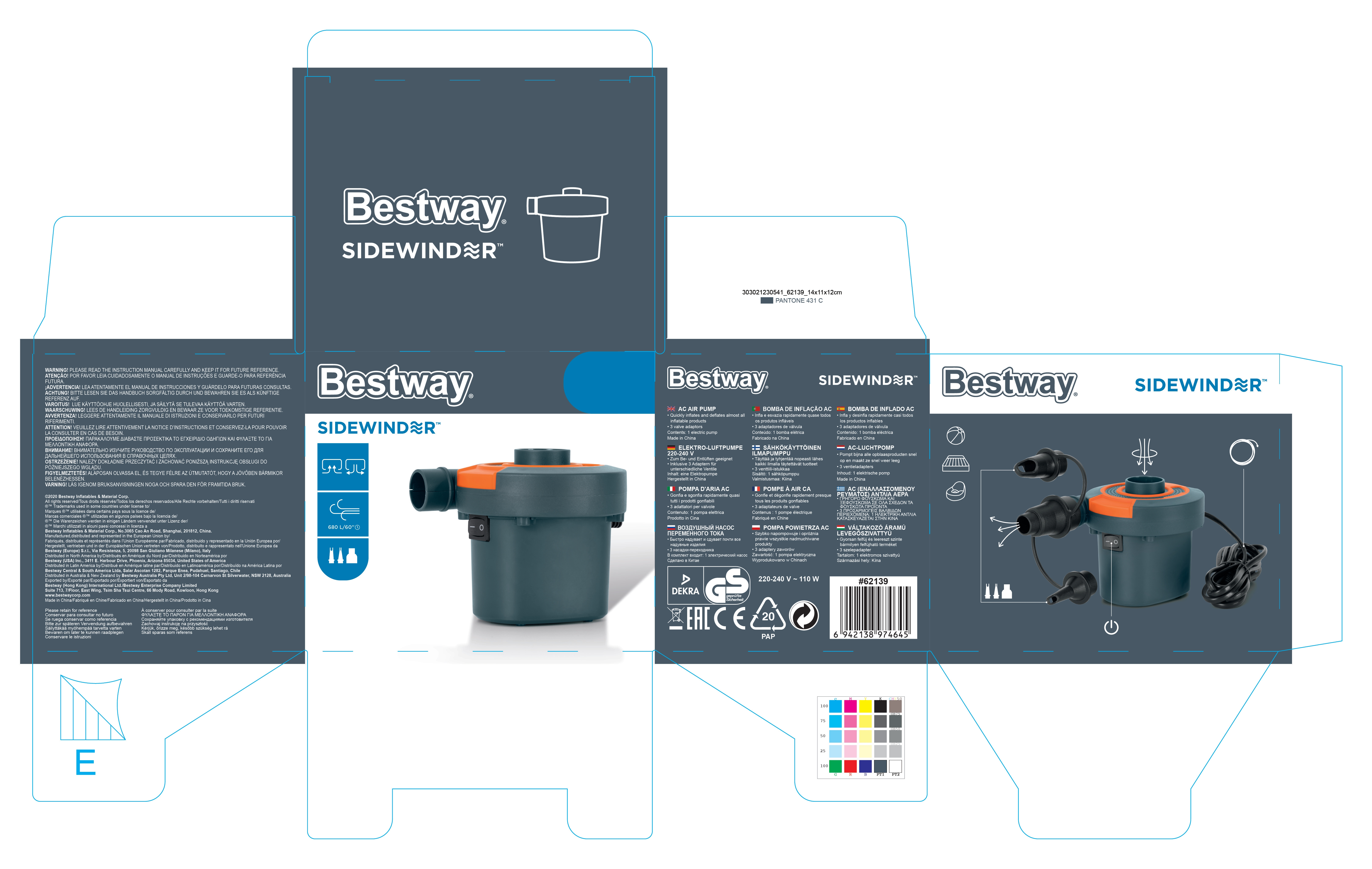 Scatola pompa ad aria Bestway Sidewinder con dettagli del prodotto, vari accessori e funzioni.