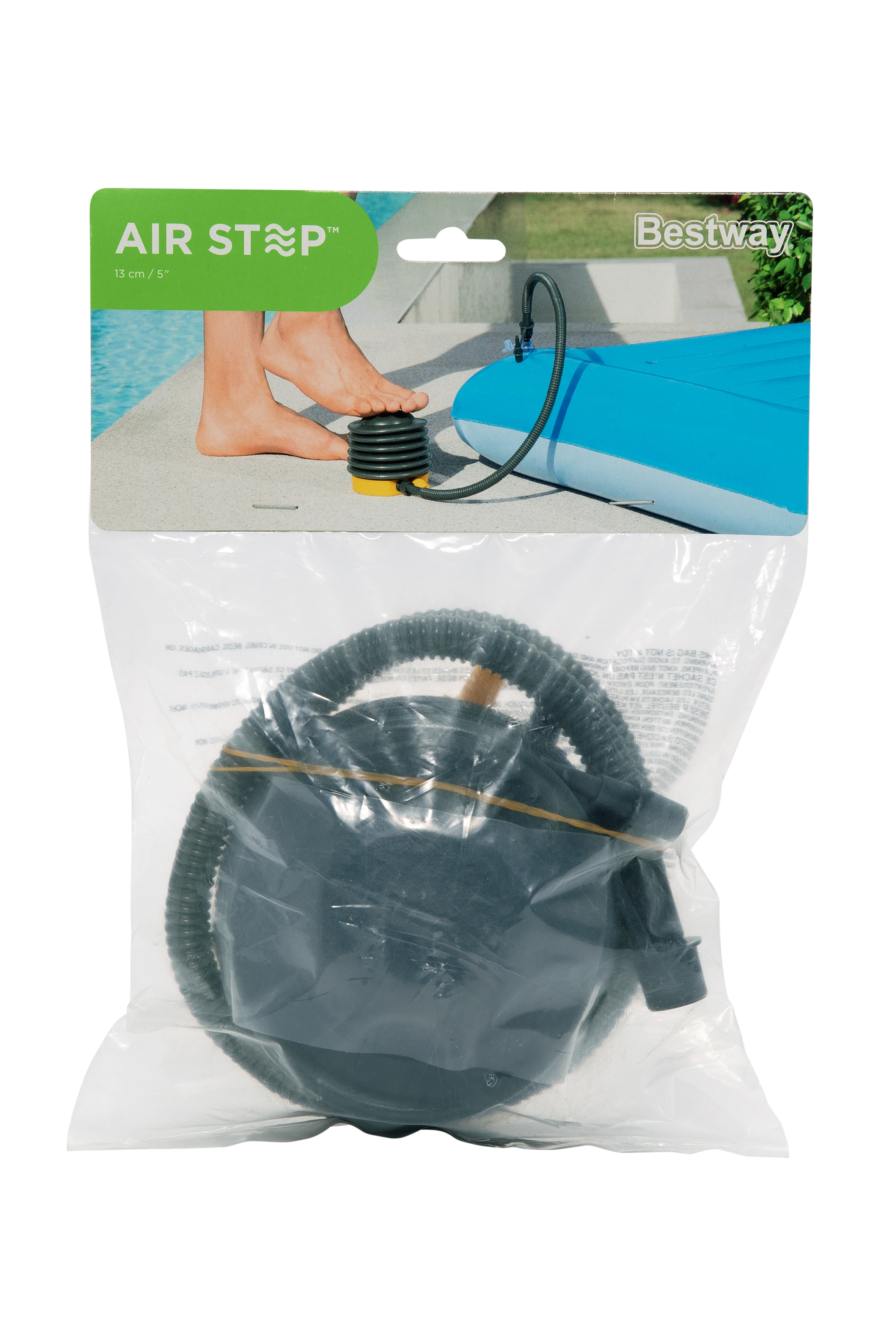 Pompa a pedale AirStep in sacchetto trasparente. La pompa è nera.