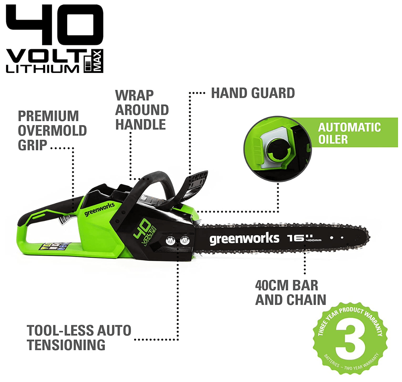 Motosierra Greenworks 40V con características como agarre premium, tensión automática y barra de 40cm.