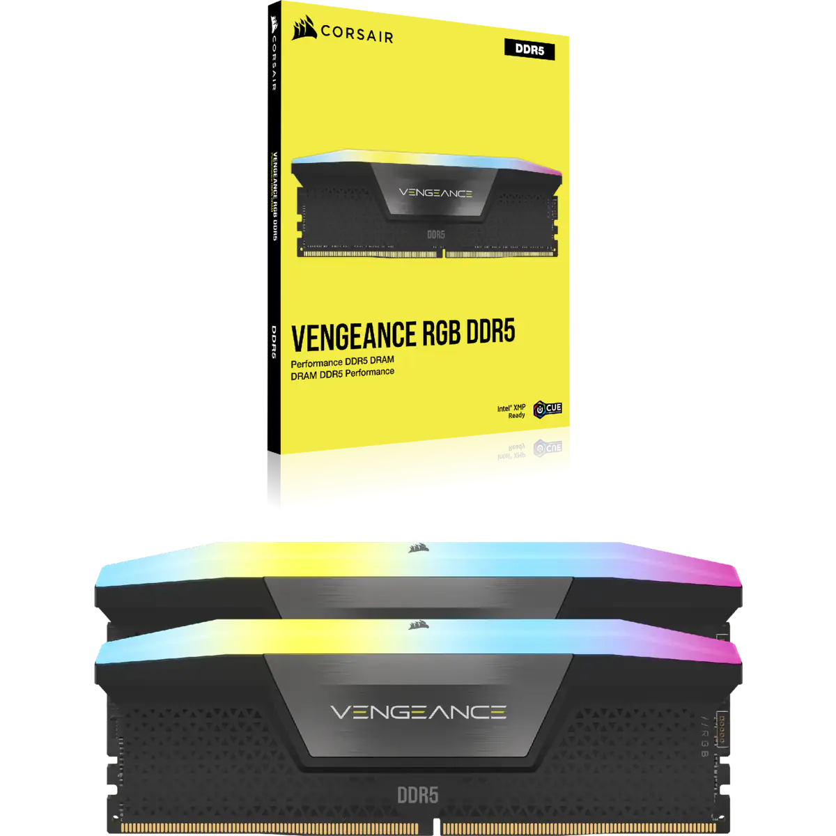 Dwa moduły pamięci RAM DDR5 i pudełko. Na pudełku napis Vengeance RGB DDR5.