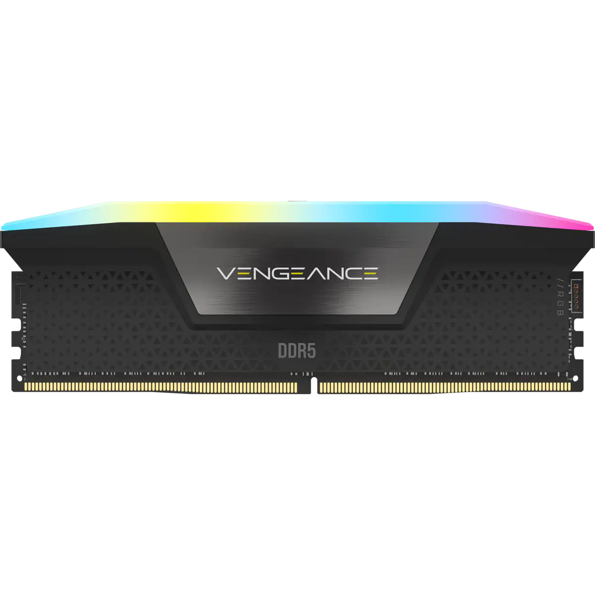 Czarny moduł pamięci RAM DDR5 z oświetleniem RGB, obecne słowo Vengeance.