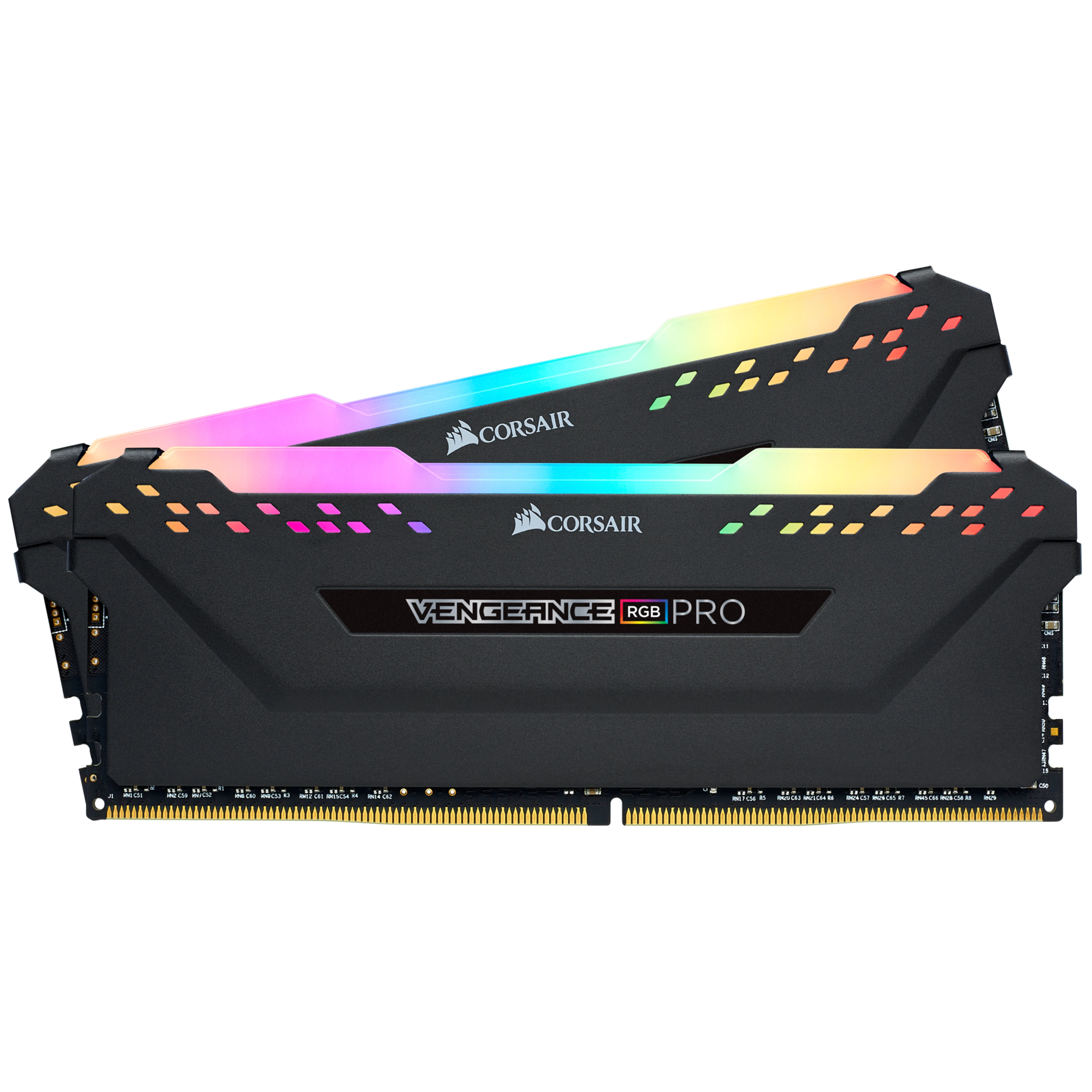 Dwa czarne moduły RAM Corsair Vengeance RGB PRO z kolorowym podświetleniem RGB.