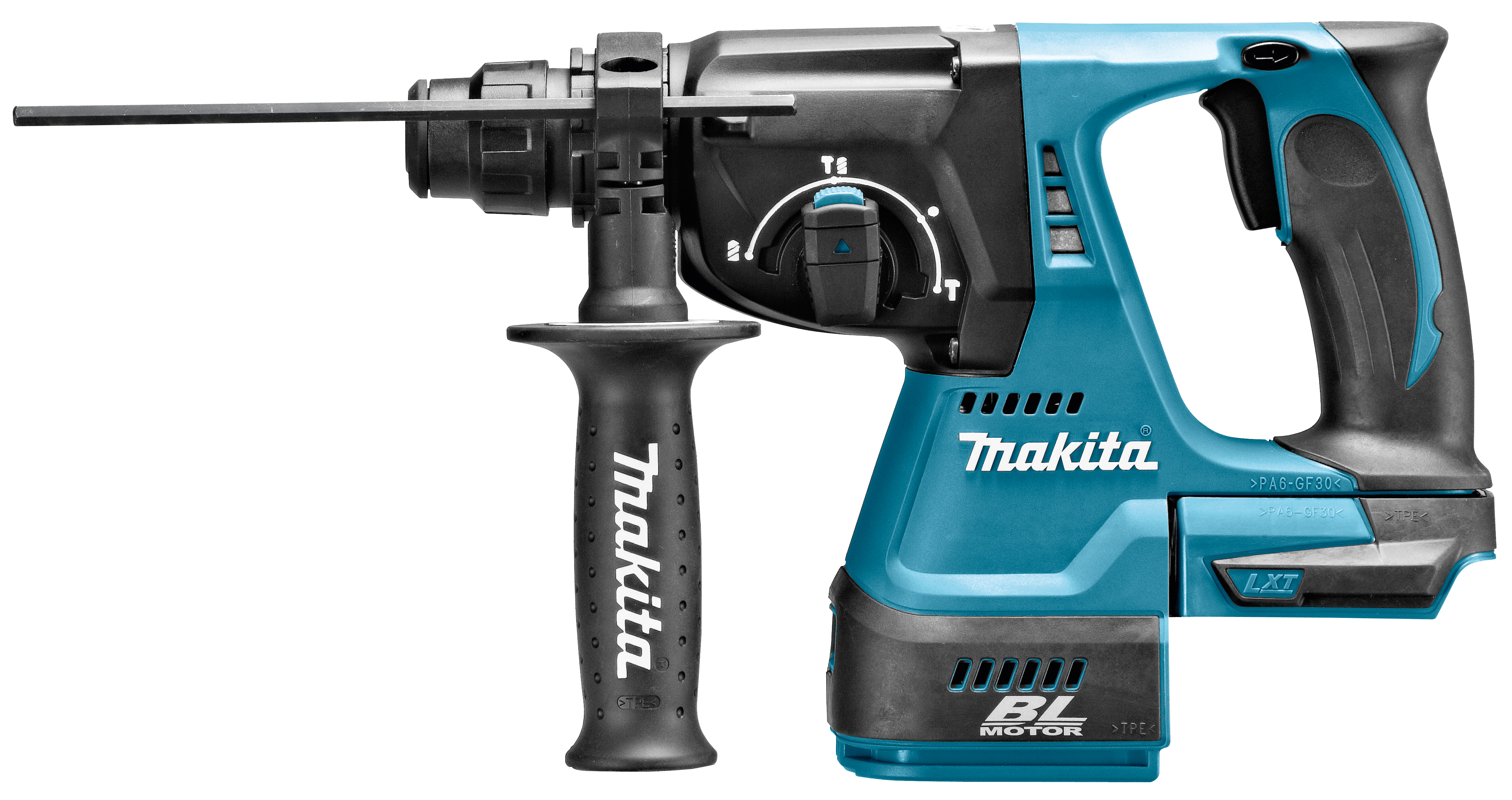 Niebiesko-czarny młot udarowy Makita z uchwytem bocznym i czarnym silnikiem.