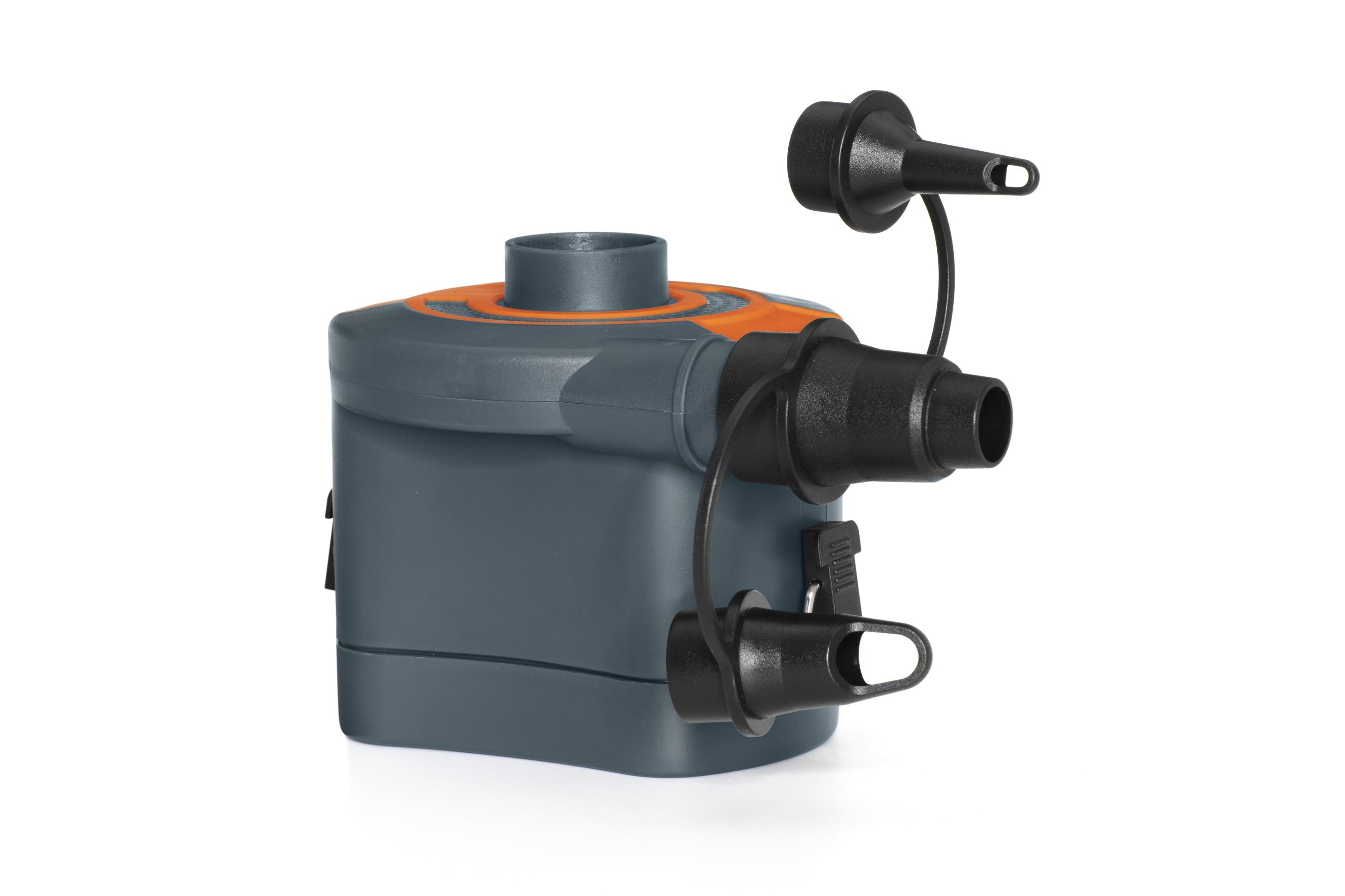 Grijze en oranje elektrische luchtpomp met nozzles.