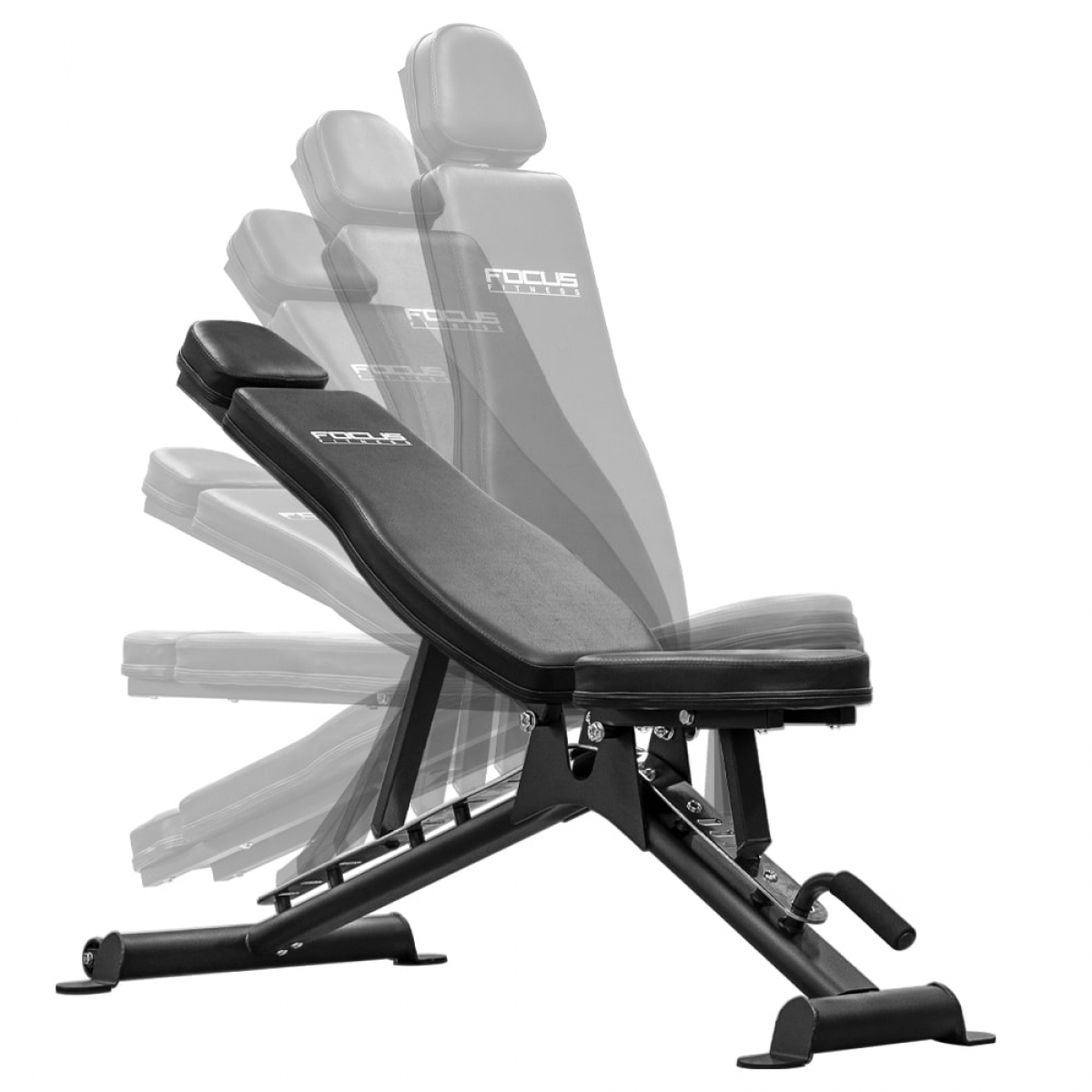 A black weight bench, with a motion effect.