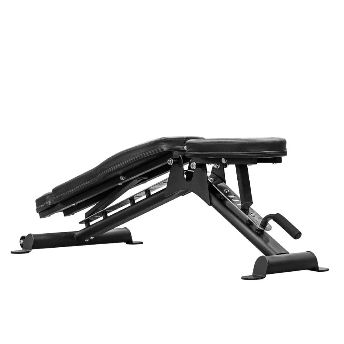 A black adjustable weight bench, angled and ready for use. Handle visible.