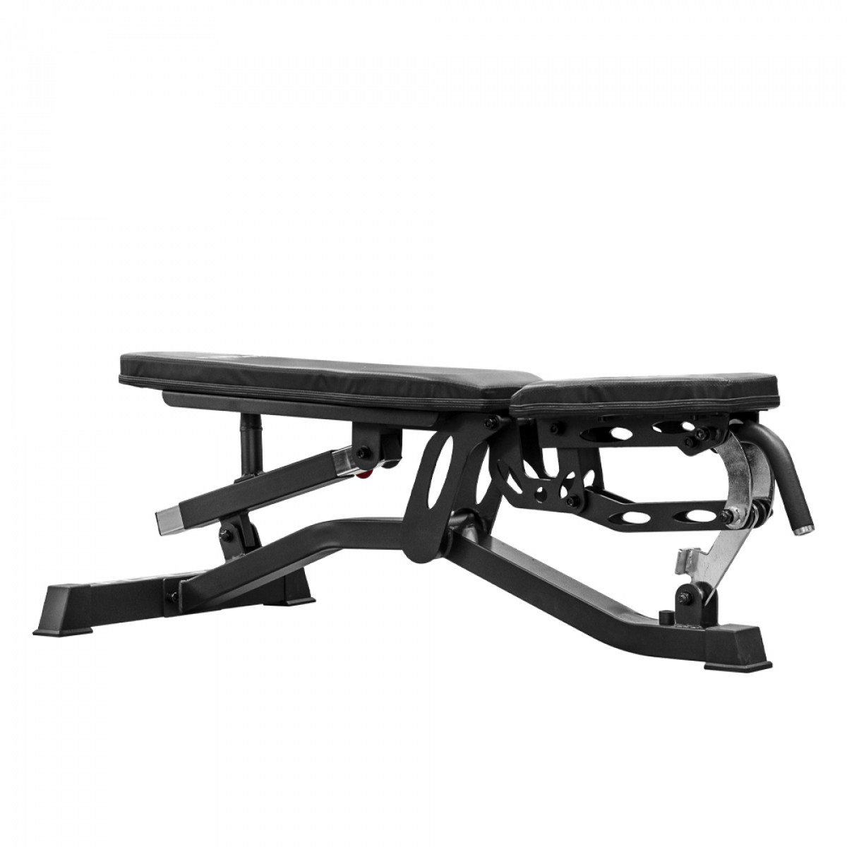 Black adjustable weight bench on white background. Black seat and backrest.