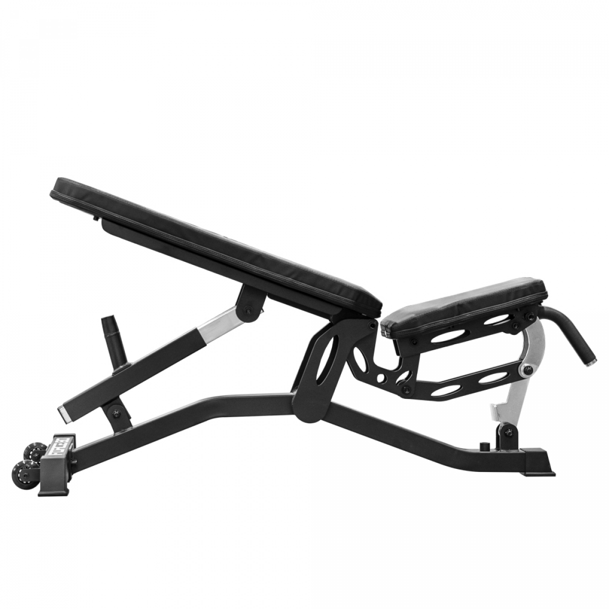 Black weight bench with adjustable backrest and leg support.