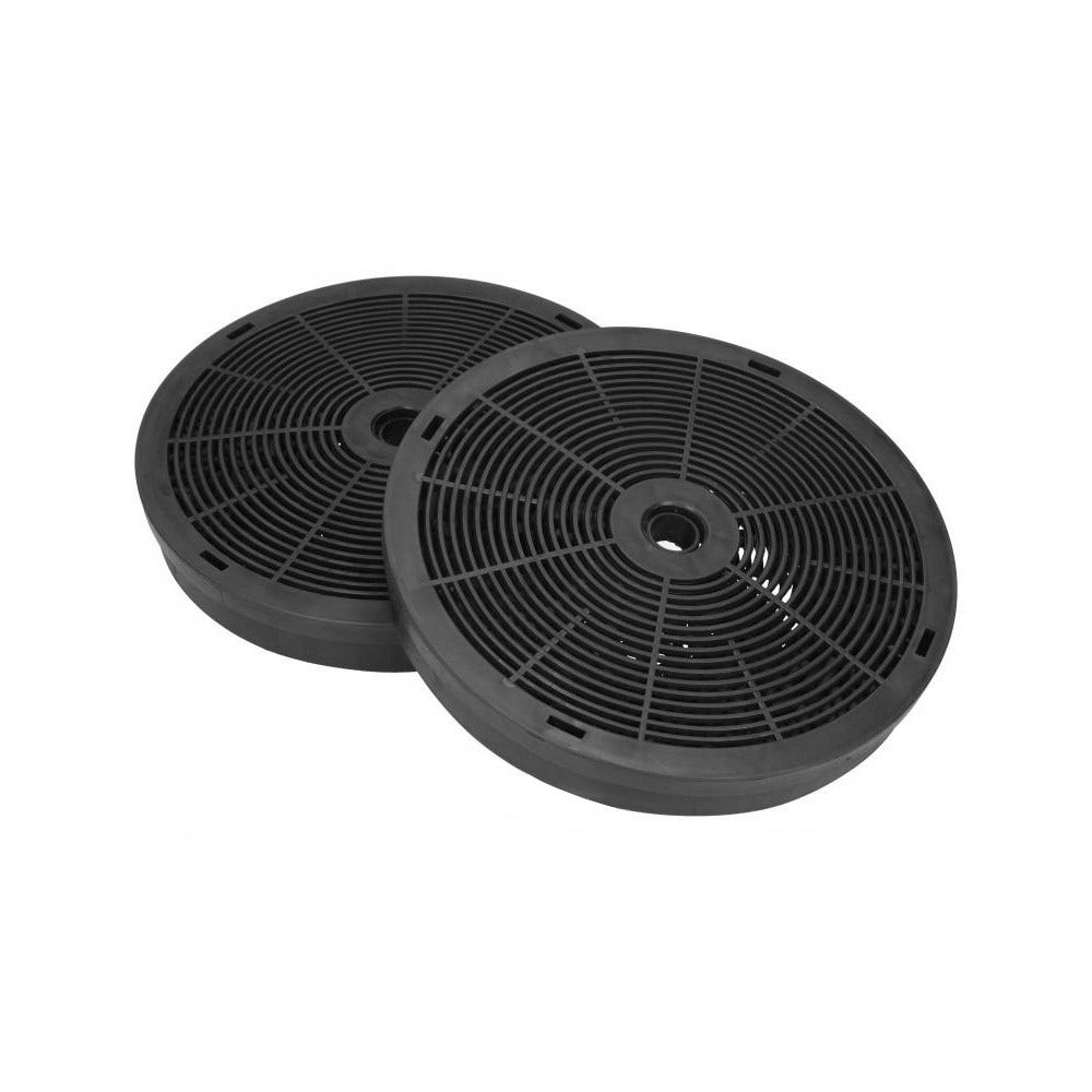 Zwei runde schwarze Aktivkohlefilter, verwendet in einer Küchenhaube. Die Filter haben ein Gittermuster.