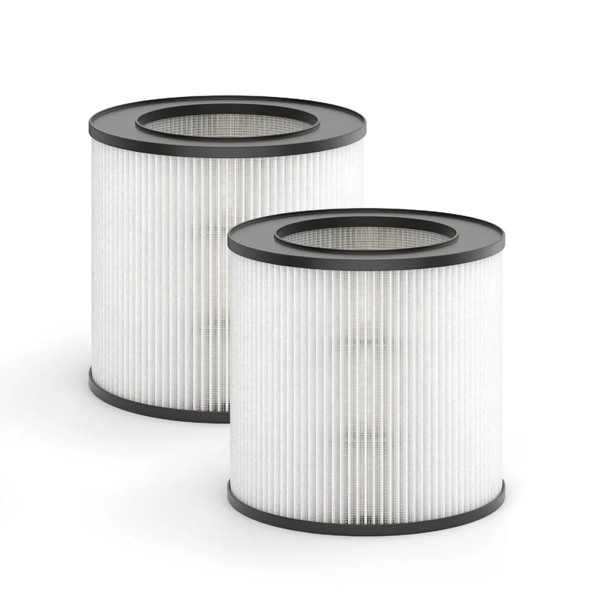 Zwei zylindrische Luftfilter mit schwarzen Rändern auf weißem Hintergrund.