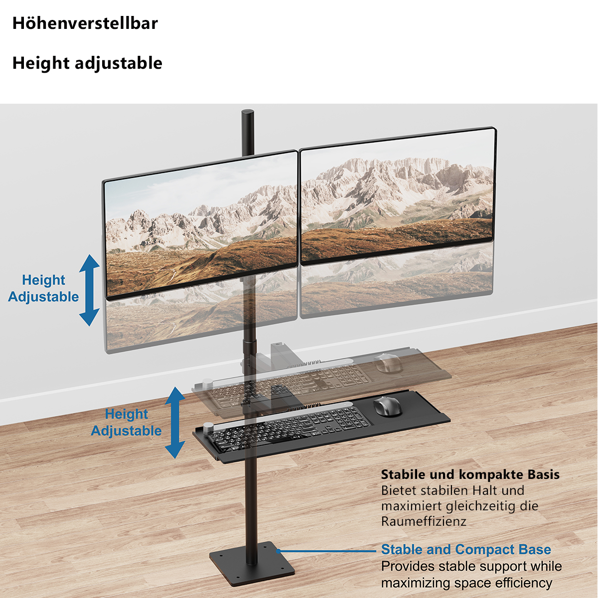 Ein Monitorständer mit zwei Monitoren, Tastatur, Maus und Textbeschriftungen: Höhenverstellbar.