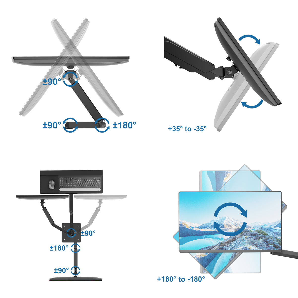 Diagramme, die die Anpassungen des Monitorständers zeigen: Neigung, Schwenken, Drehen und Höhe.