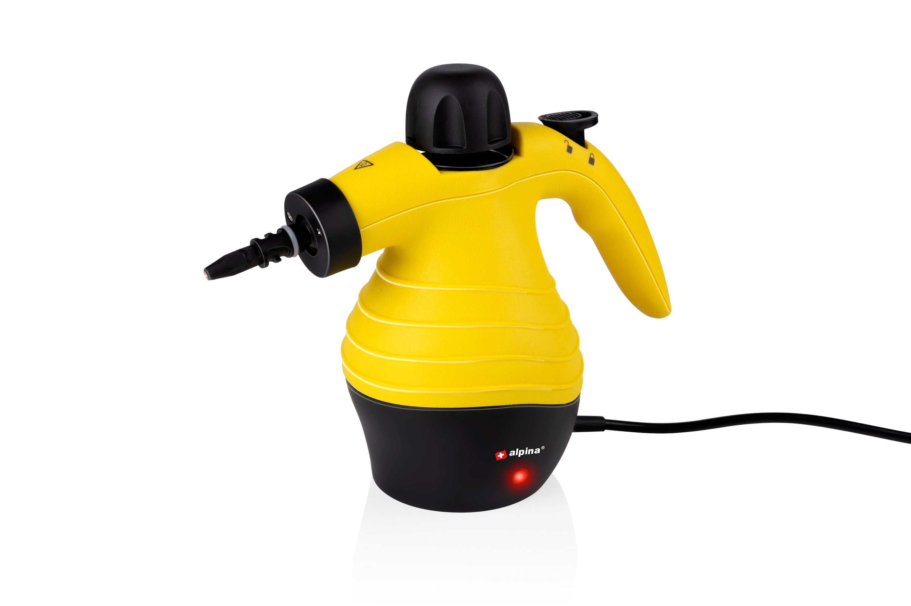 Geel en zwart handheld stoomreiniger met een rood stroomlicht, op een witte achtergrond.