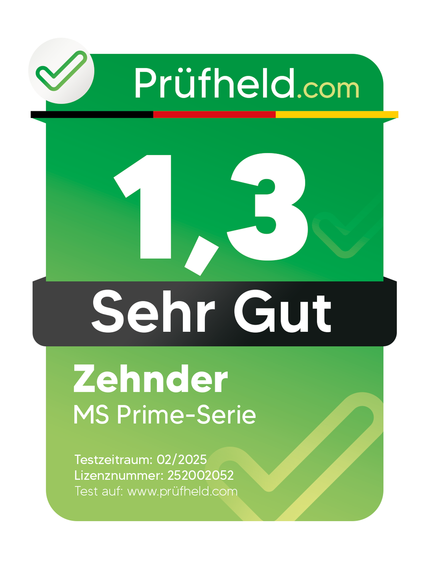 Grünes Prüfheld.com-Zertifikat. Zeigt '1,3 Sehr Gut', Zehnder MS Prime-Serie und weitere Details. Haken.