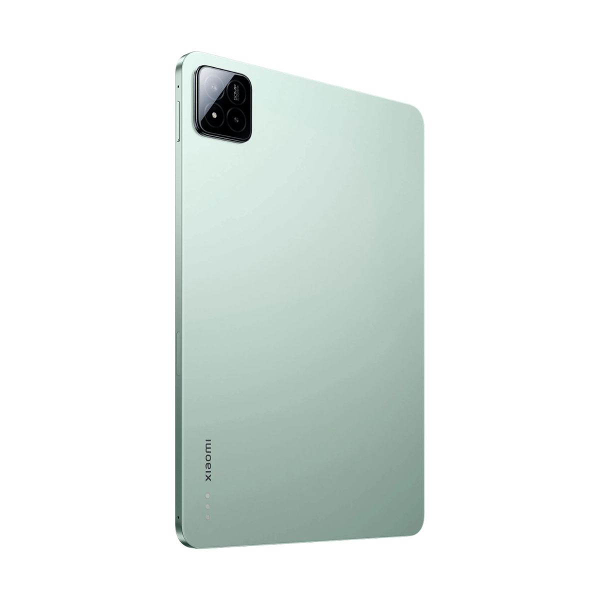 Tableta verde sobre blanco. La tableta tiene una protuberancia de cámara.