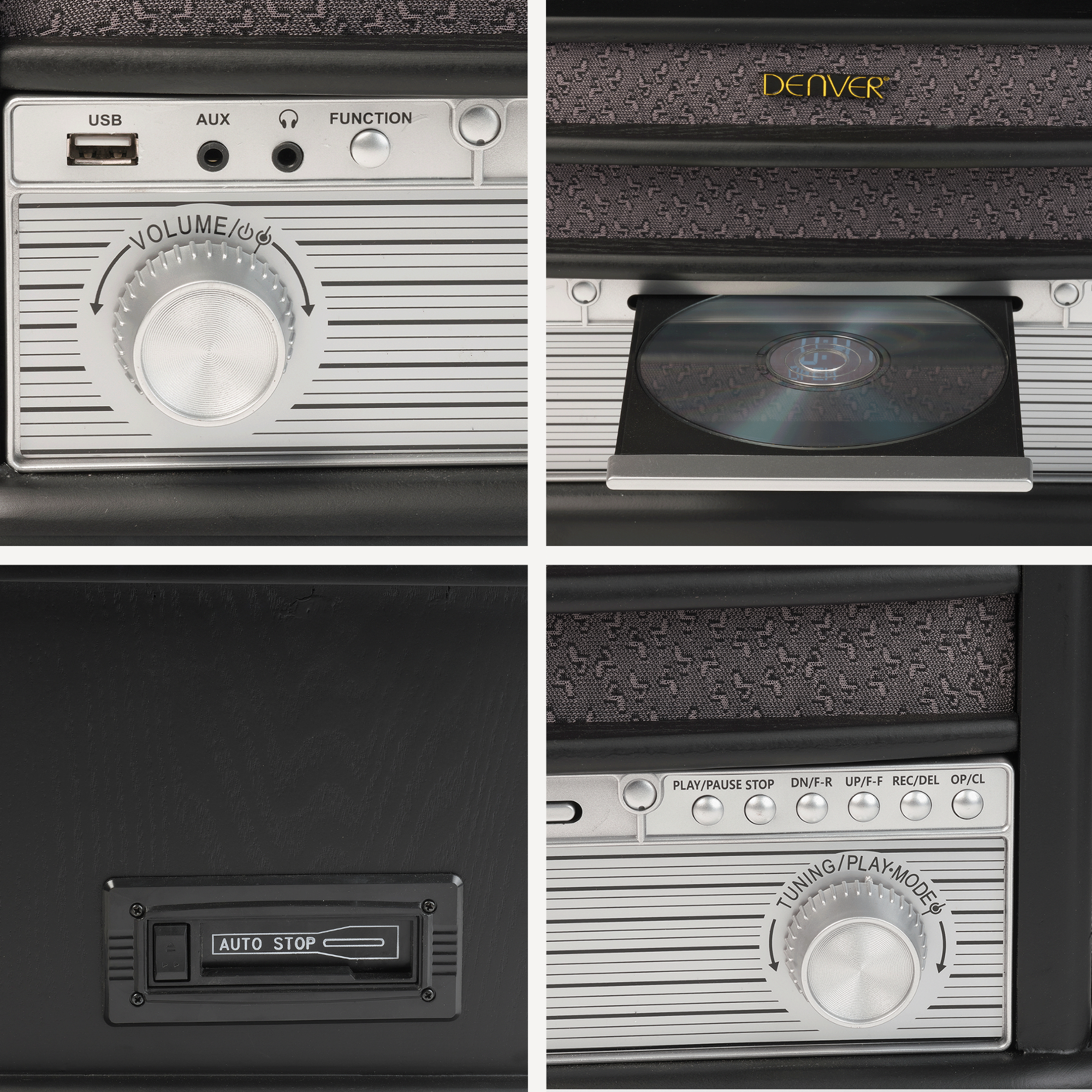 Zbliżenie na system stereo z gniazdem CD, pokrętłem głośności i przyciskami funkcyjnymi. Czarno-srebrny.