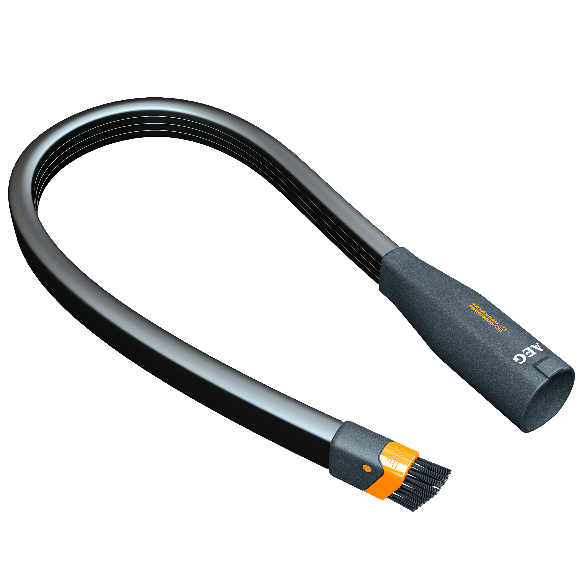 Accesorio flexible negro para aspiradora con cabezal de cepillo y mango gris.