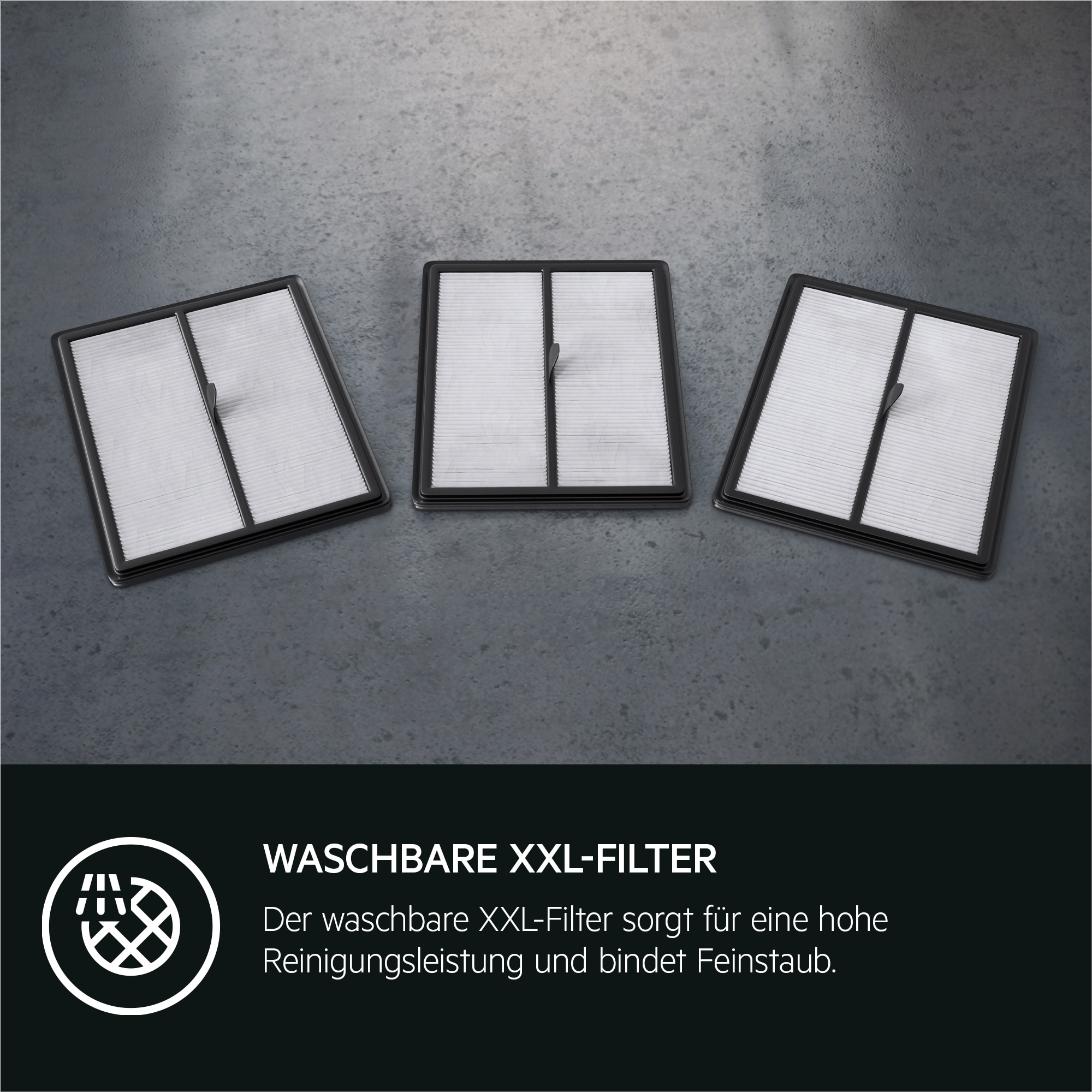 Tres filtros XXL blancos sobre una superficie gris. El texto indica filtros lavables.