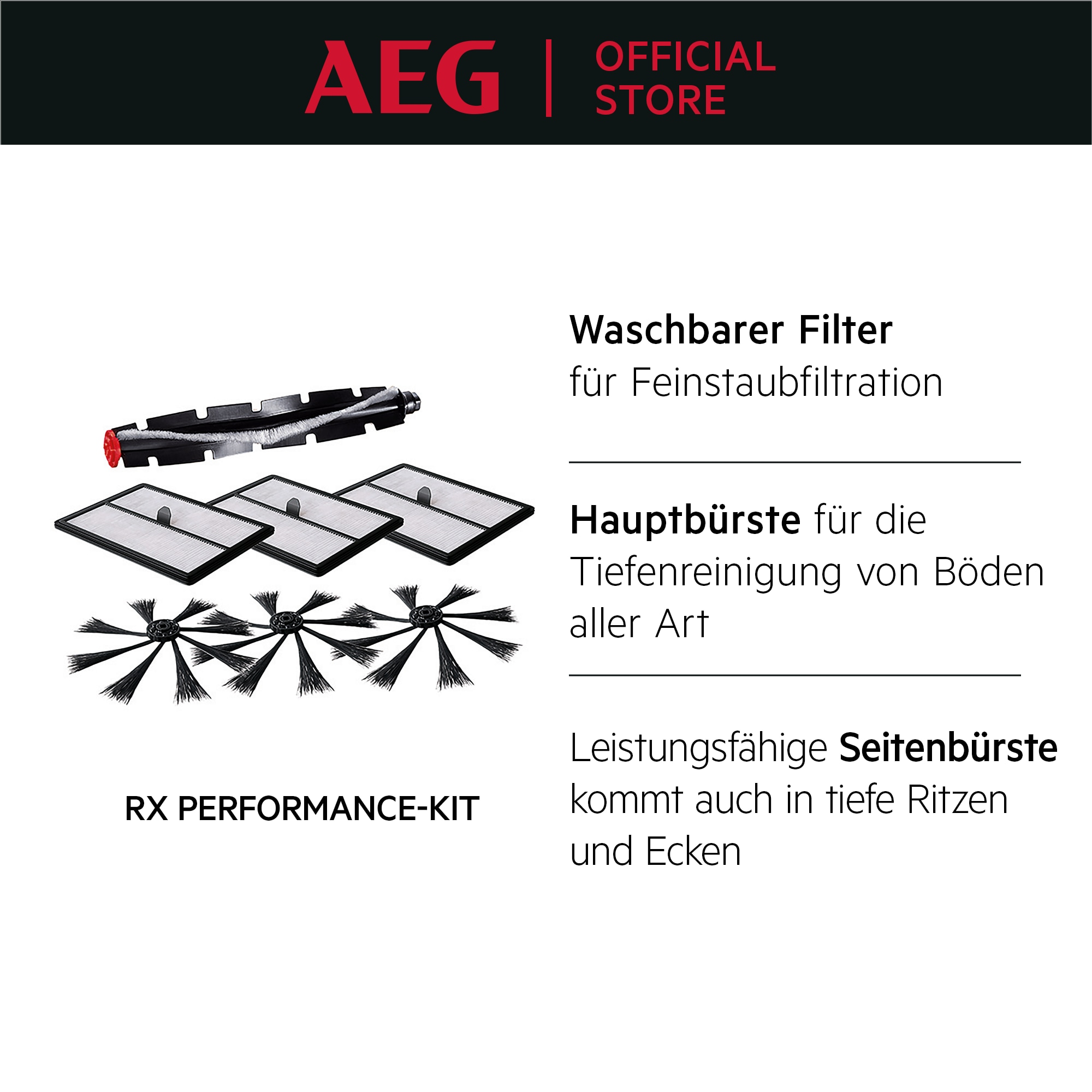 AEG RX PERFORMANCE-KIT, que muestra los componentes del filtro y cepillo para una aspiradora.