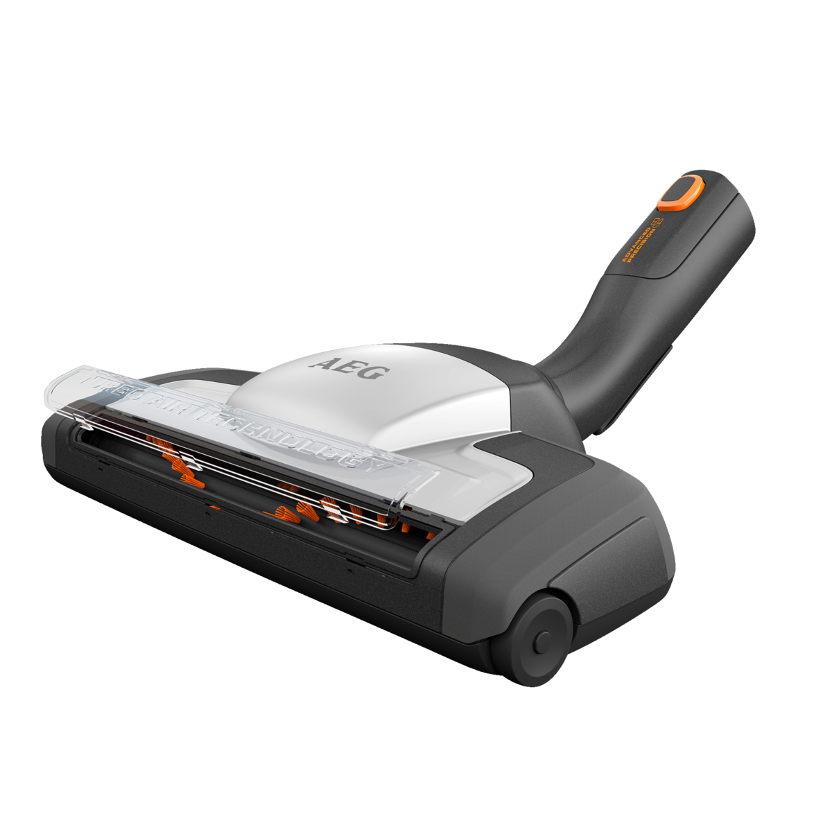 Ein Staubsaugerkopf mit der Marke AEG, silber und schwarz, und orangefarbenen Borsten.