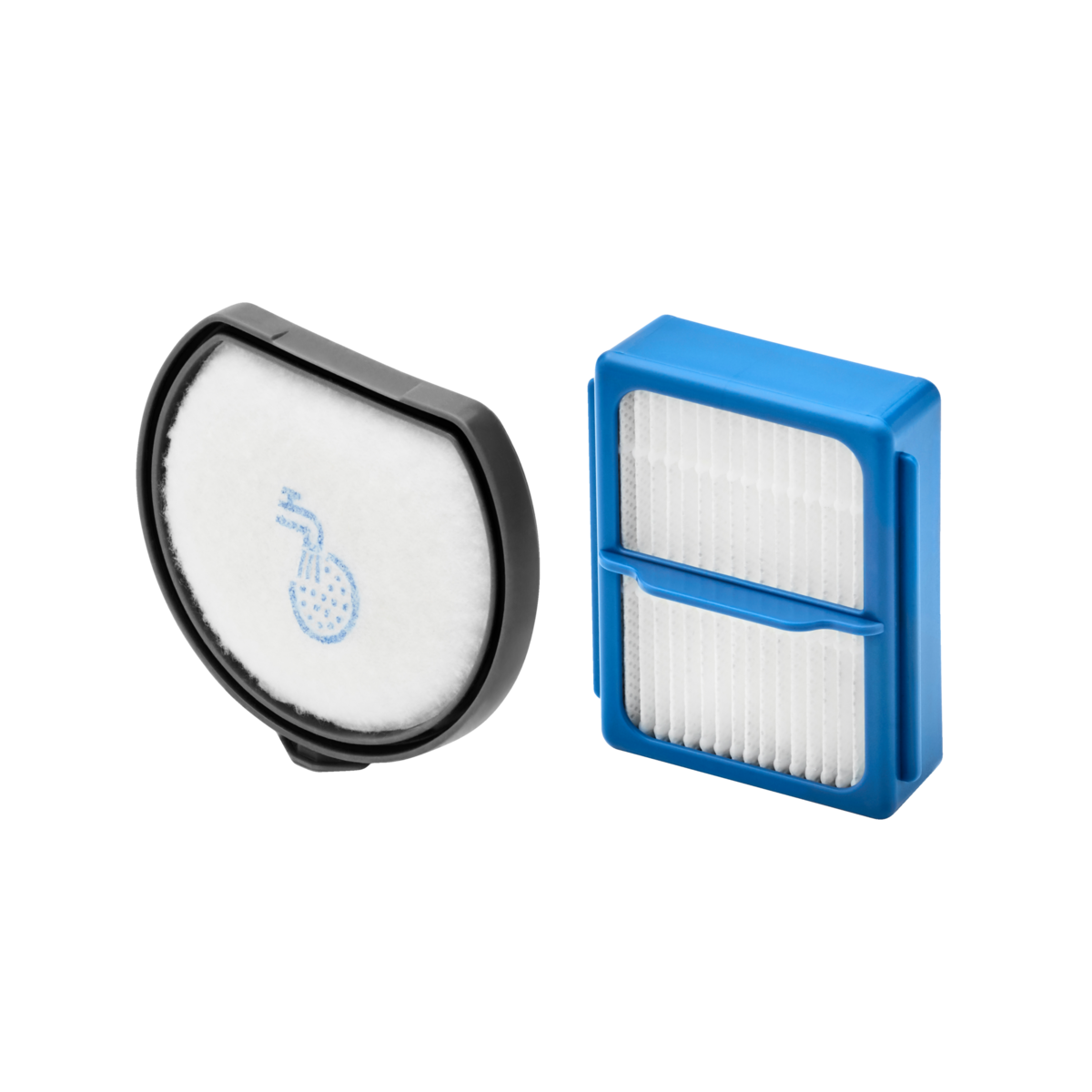 Filtros de aspiradora, uno redondo con diseño azul y uno rectangular, azul y blanco.