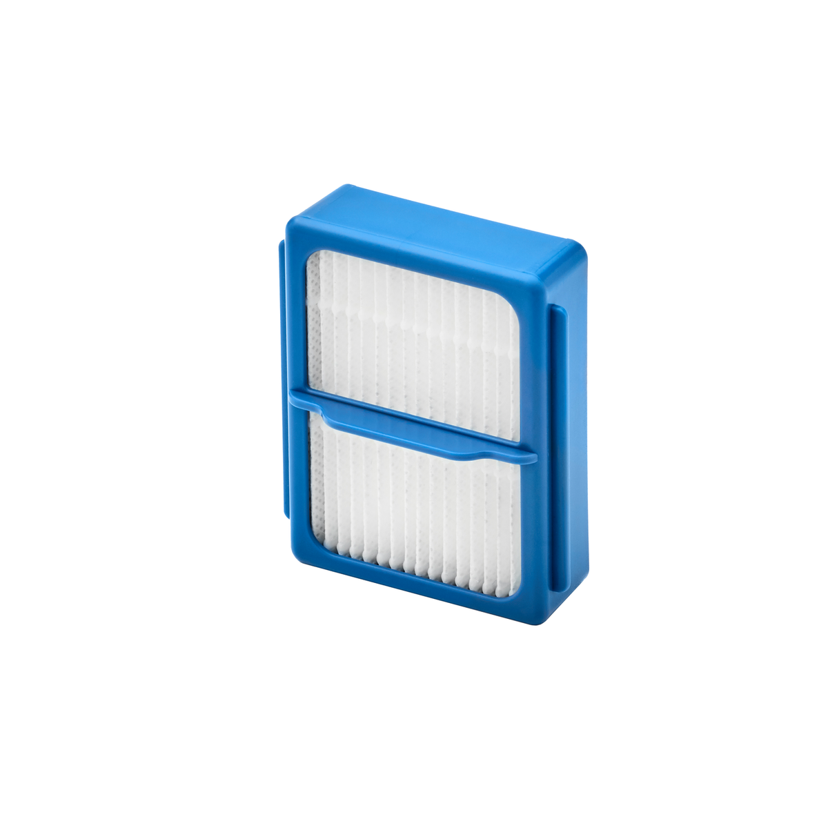 Filtro de aire azul y blanco. Tiene un marco azul y un filtro blanco.