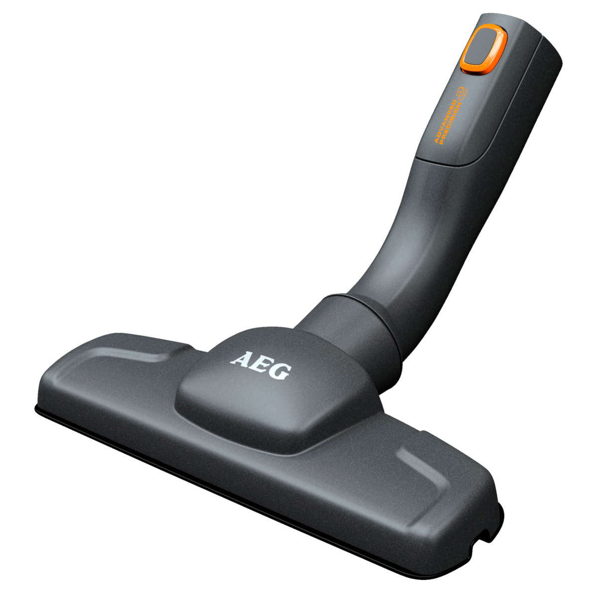 Schwarzer Staubsaugerkopf mit AEG-Logo. Der Kopf ist gebogen.