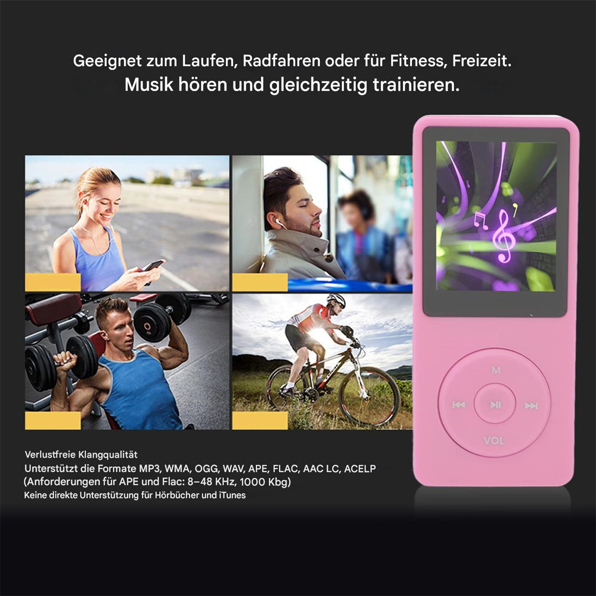 Rosa MP3-Player mit einem Bildschirm, der Noten zeigt. Vier kleine Bilder zeigen verschiedene Aktivitäten.