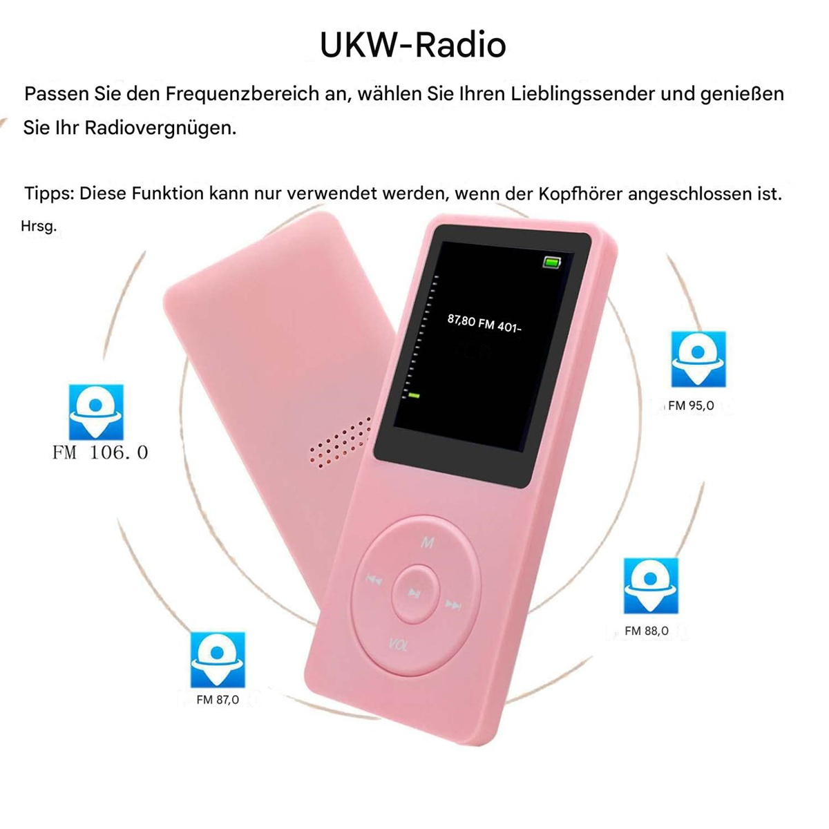 Rosa tragbares Radio mit Display, Knöpfen und verschiedenen UKW-Radio-Symbolen.