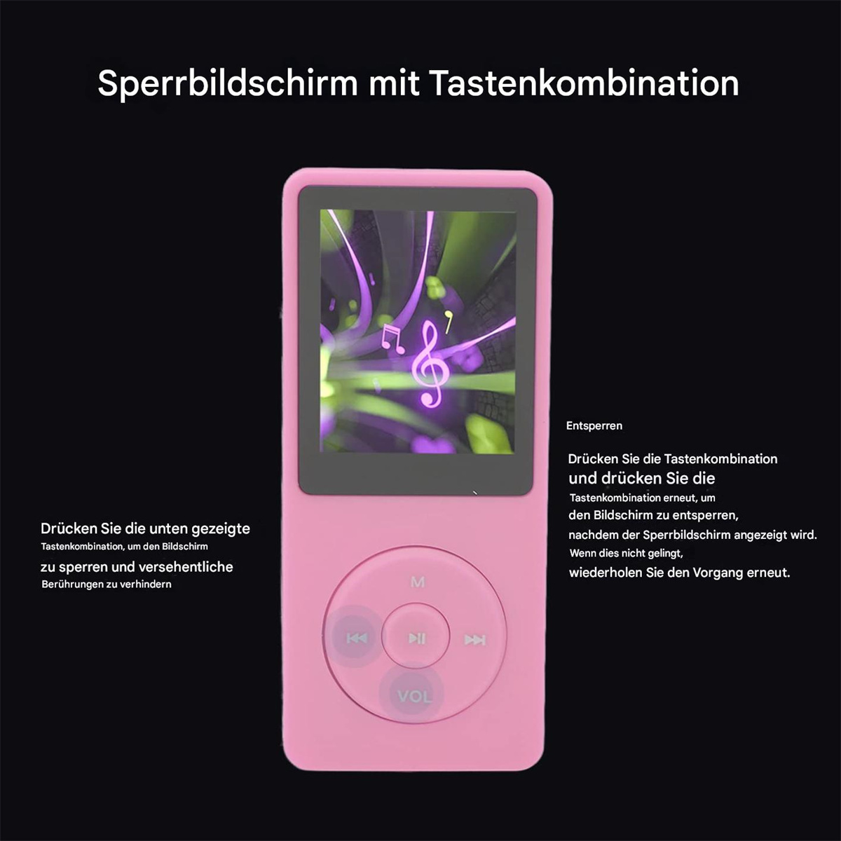 Ein rosa MP3-Player mit Bildschirm und Knöpfen. Anweisungen werden angezeigt. Der Hintergrund ist schwarz.