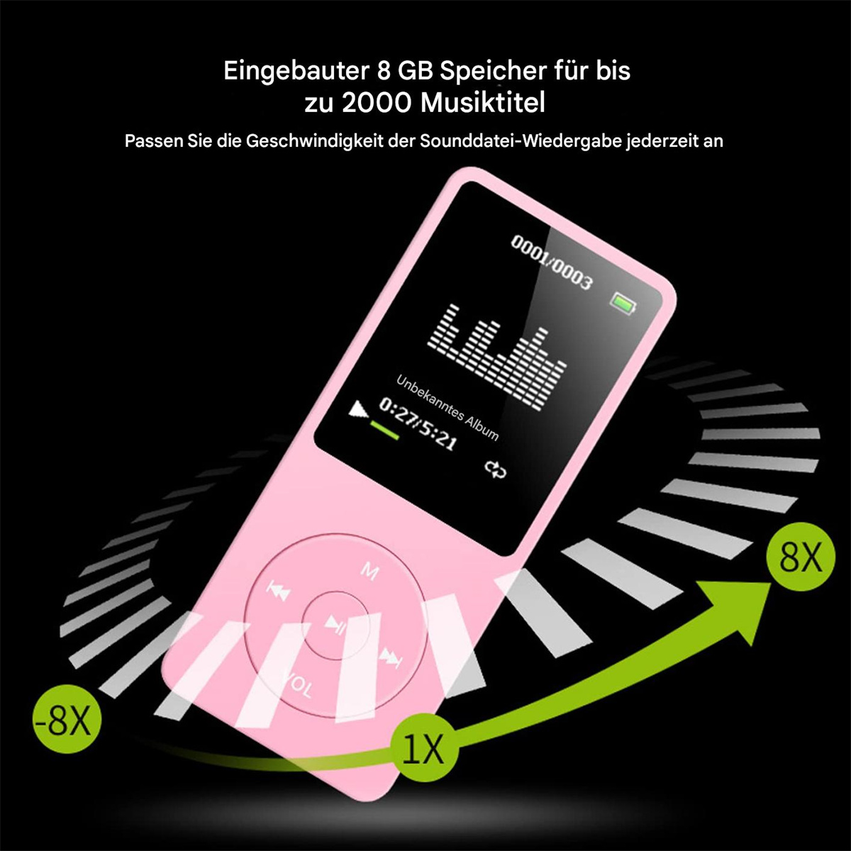 Ein rosa MP3-Player mit einem Bildschirm, der Songdetails anzeigt, umgeben von Pfeilen, die die Wiedergabegeschwindigkeit anzeigen.