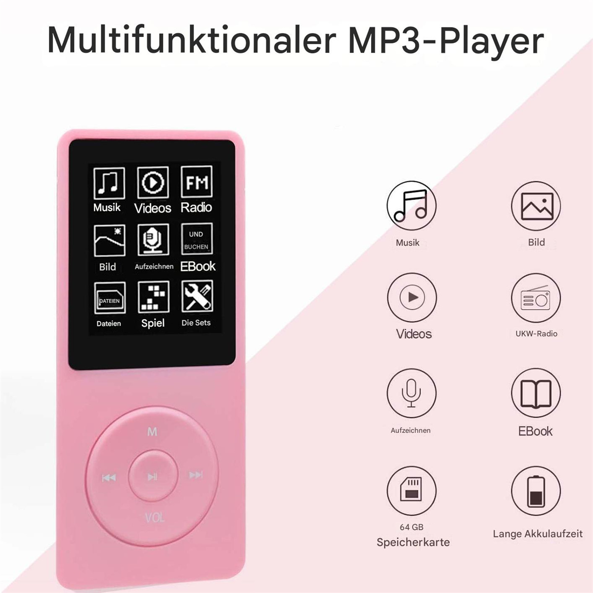 Rosa MP3-Player mit Display, Knöpfen und Symbolen für Musik, Videos und mehr.