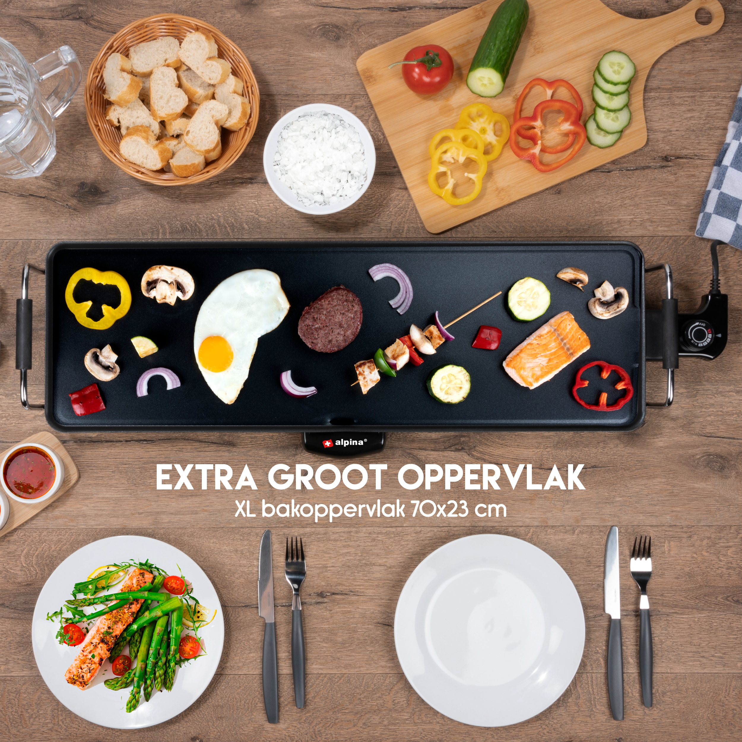 Grill with food. Includes egg, burger, skewers, salmon, veggies, plus side dishes and cutlery.
