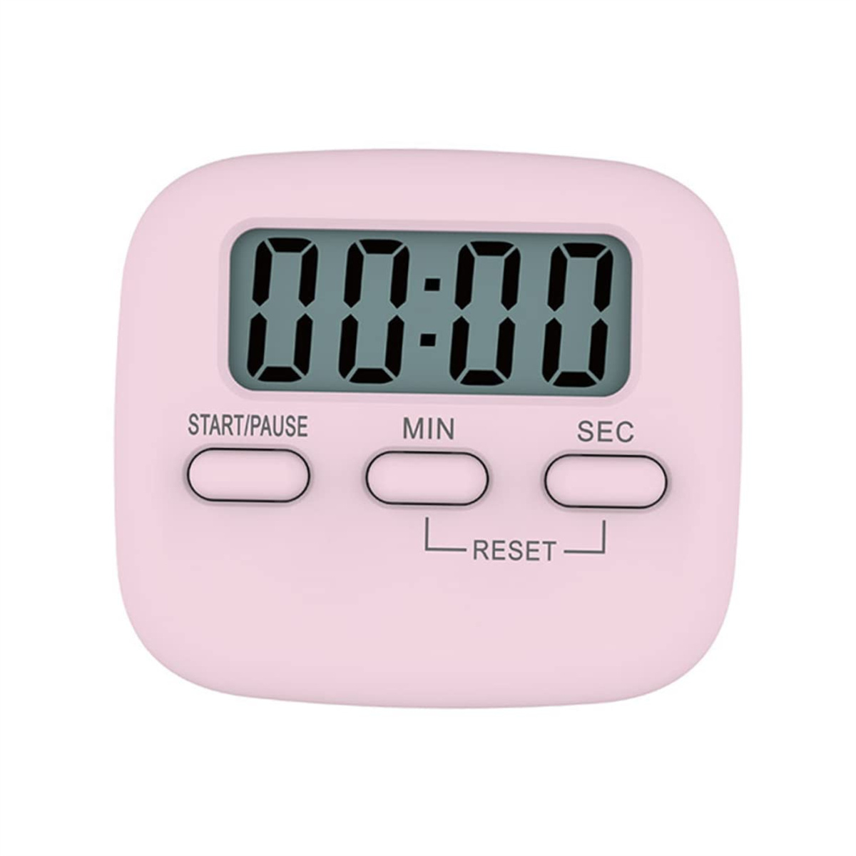 Rosa quadratischer Küchentimer mit Anzeige 00:00 und drei Tasten: Start/Pause, Min, Sek.