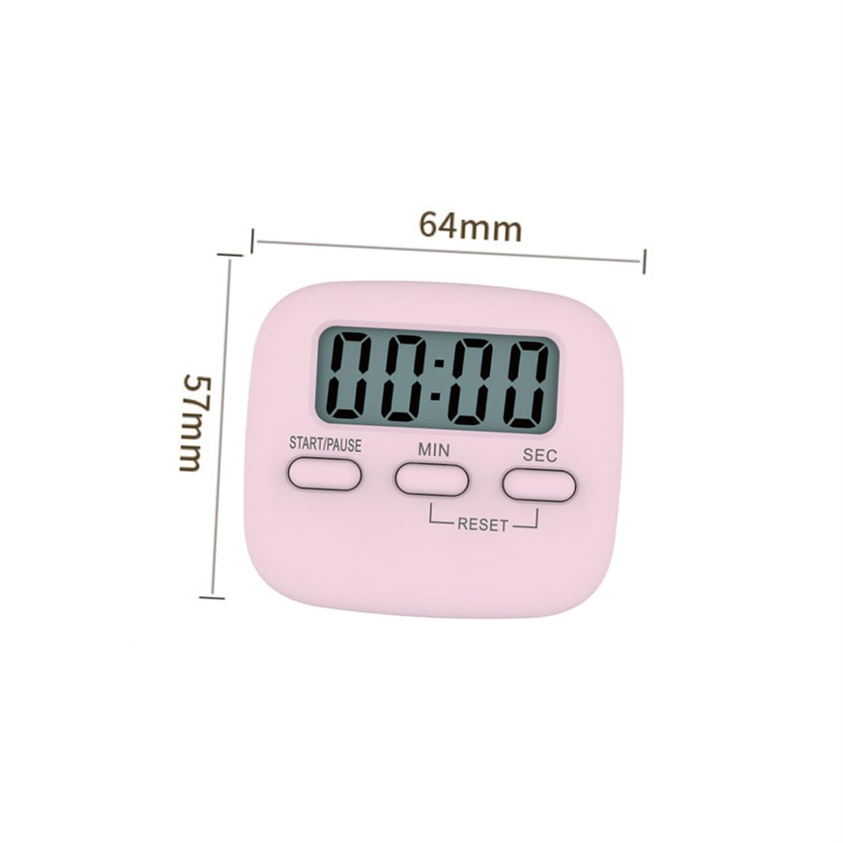 Ein pinkfarbener digitaler Küchentimer zeigt 00:00 an. Er hat Start/Pause-, Min- und Sek-Tasten. 64 mm x 57 mm.