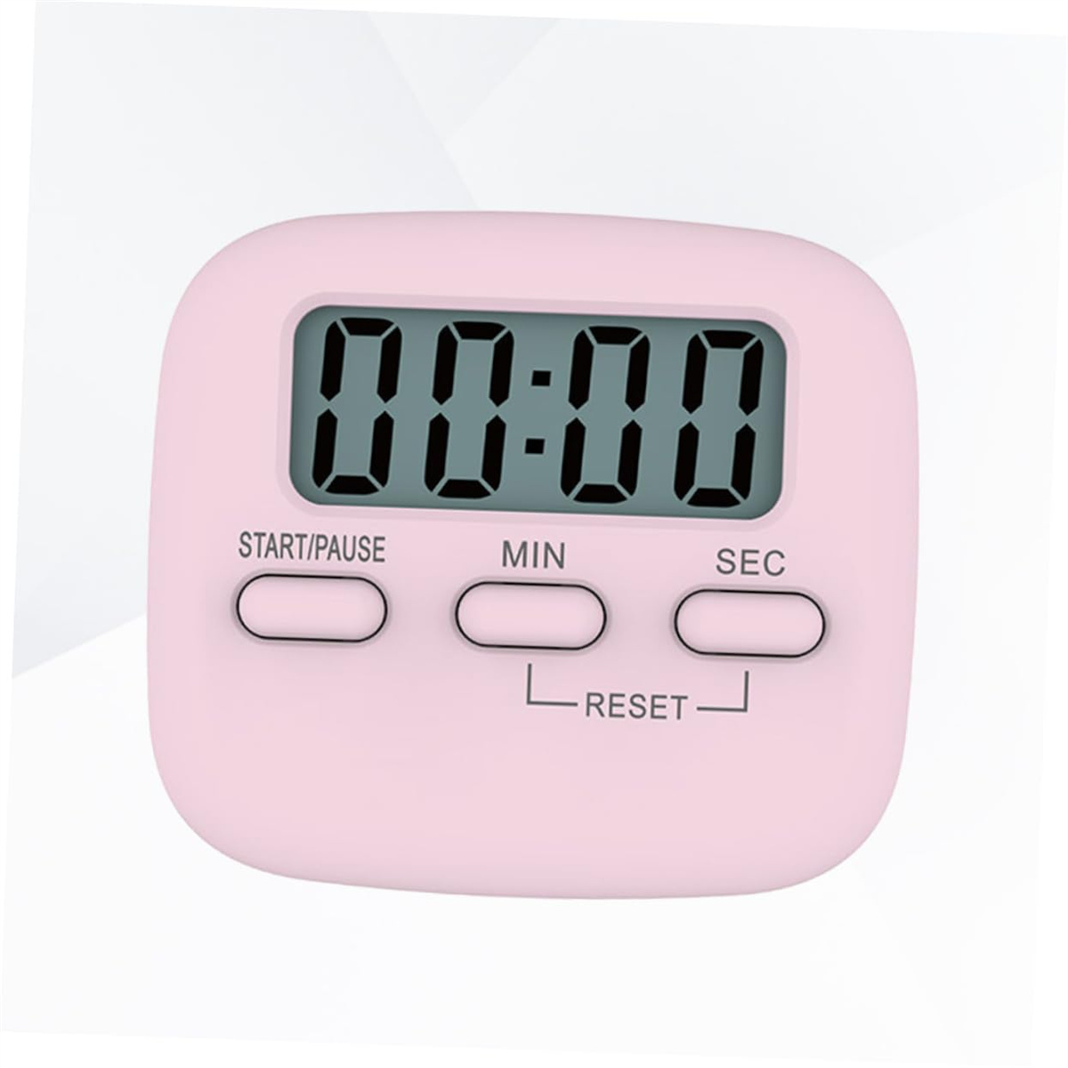 Ein rosa digitaler Timer, der 00:00 anzeigt, mit Start/Pause-, Min- und Sek.-Tasten.
