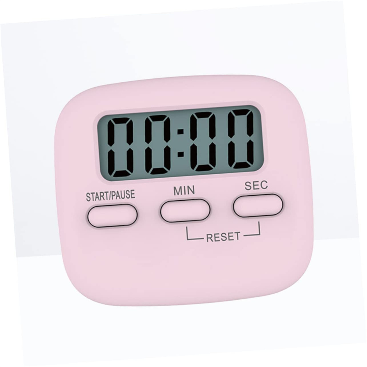 Rosa digitaler Küchentimer. Zeigt 00:00 an, mit Start/Pause, Min- und Sek-Tasten.