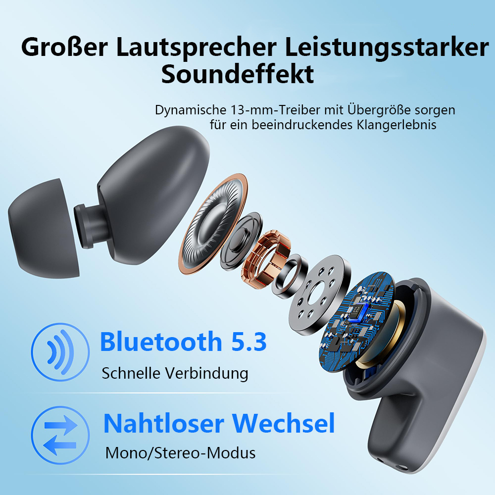 Diagramm von Ohrhörern. Zeigt Komponenten und Funktionen wie Bluetooth.