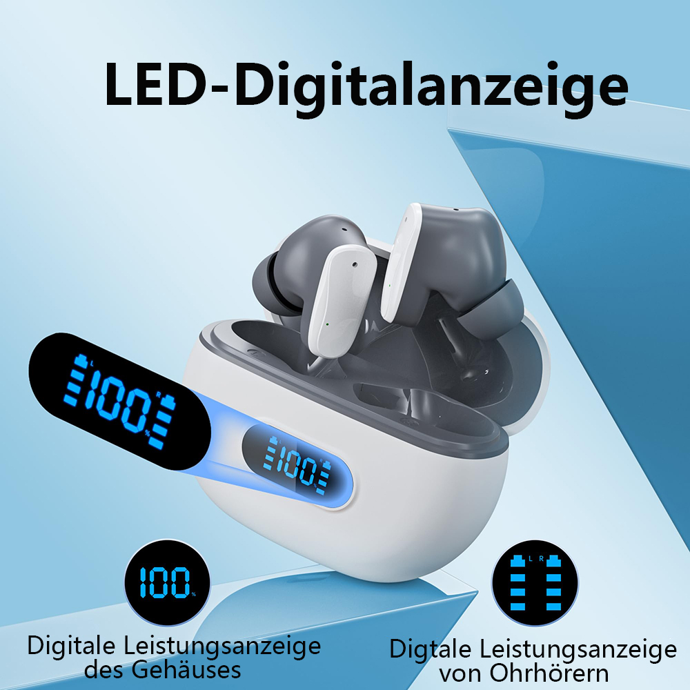 Weißes und graues Ohrhörer-Ladecase mit Ohrhörern, zeigt einen digitalen Prozentsatz.
