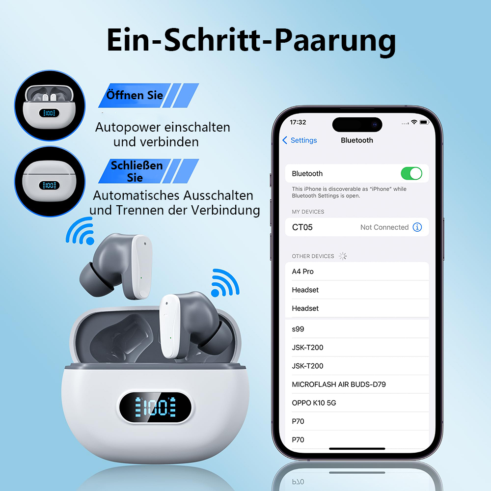 Weiße Ohrhörer mit Ladecase und ein Telefonbildschirm mit Bluetooth-Einstellungen zum Koppeln.